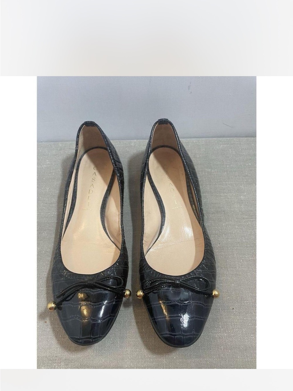 Casadei Black Croc-Embossed Ballet Flats with Gold-Tip Bow